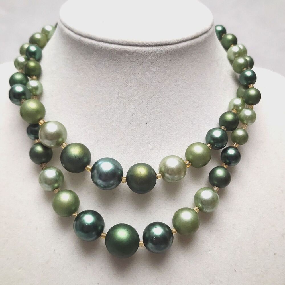 Faux Pearl Choker Necklace Japan Double Strand Sage Olive Green 13-16"